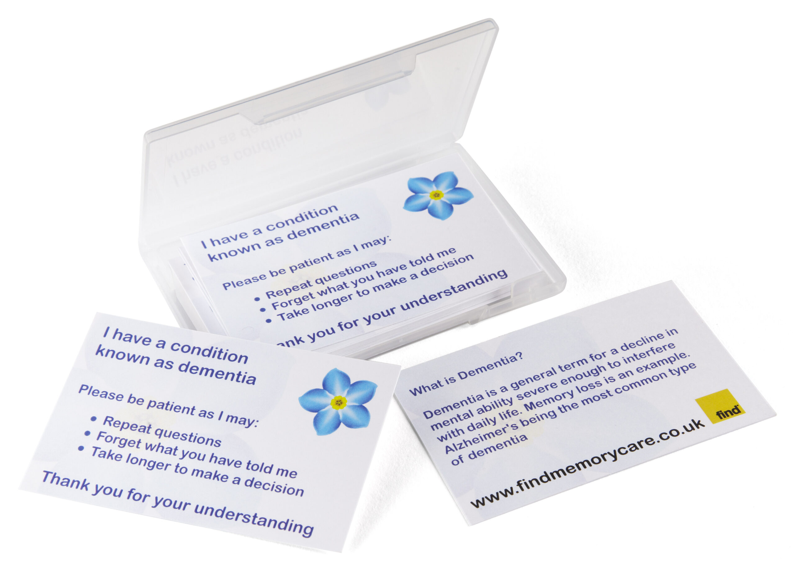 At Find, because we understand that living with dementia can mean coping with a wide range of issues. We are constantly developing new and innovative dementia friendly products such as the Patience Cards. And, of course, everything we do relates to improving the quality of life for people who are living with dementia, however, staff and carers can benefit too.
