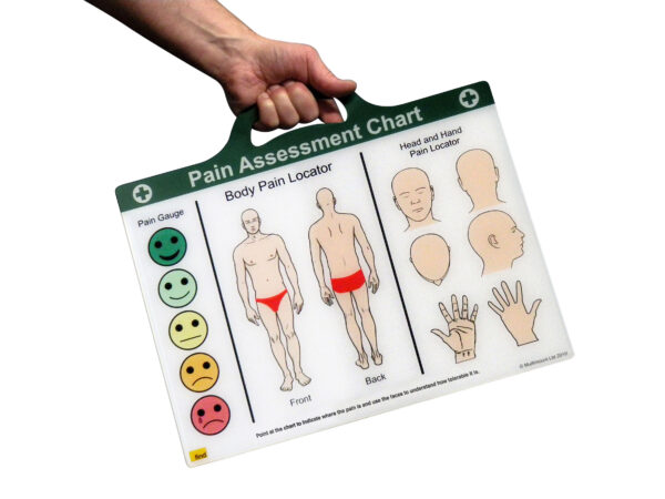 Pain Assessment Chart is a multi-purpose communication aid designed specifically to help someone express the source, degree and effect of their pain and discomfort. An  over-complicated design will cause confusion and frustration and only make things worse. So our product has been designed for simplicity of use and understanding, making it as easy as possible for someone with cognitive and visual impairments to get their message across. This is particularly important when someone’s powers of speech have deteriorated, or been lost altogether. Double sided to offer specific male/female information, the product is non-reflective with an integral handle and anti-bacterial qualities, as well as being suitable for use with most chemical cleaners.
